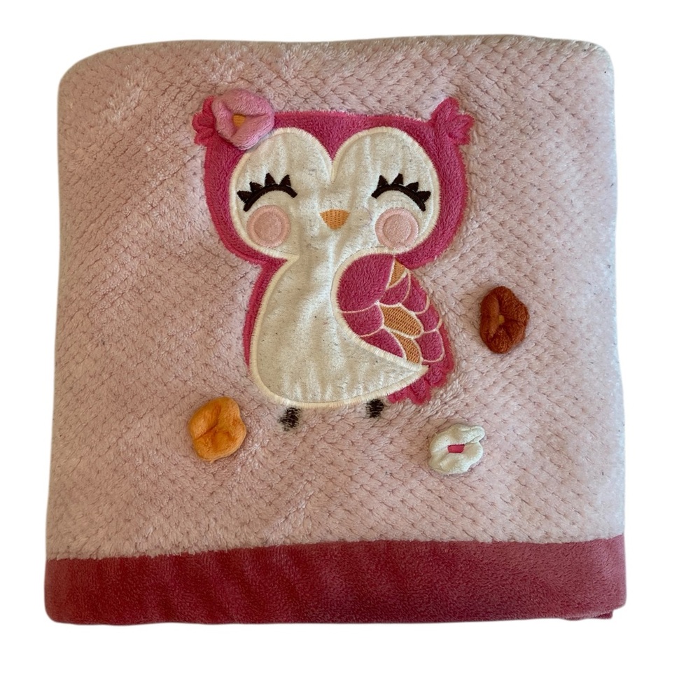 Carter’s Pink Plush Baby Blanket Owl 3D Raised Flowers 29” x 39”